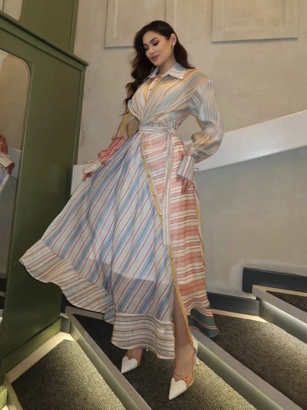 Women Multicolor Striped Maxi Dress Collared Waist Belt Wrap Long Sleeve Ruffle Hem Casual Summer Dress 2026 Trendy Lady Robe