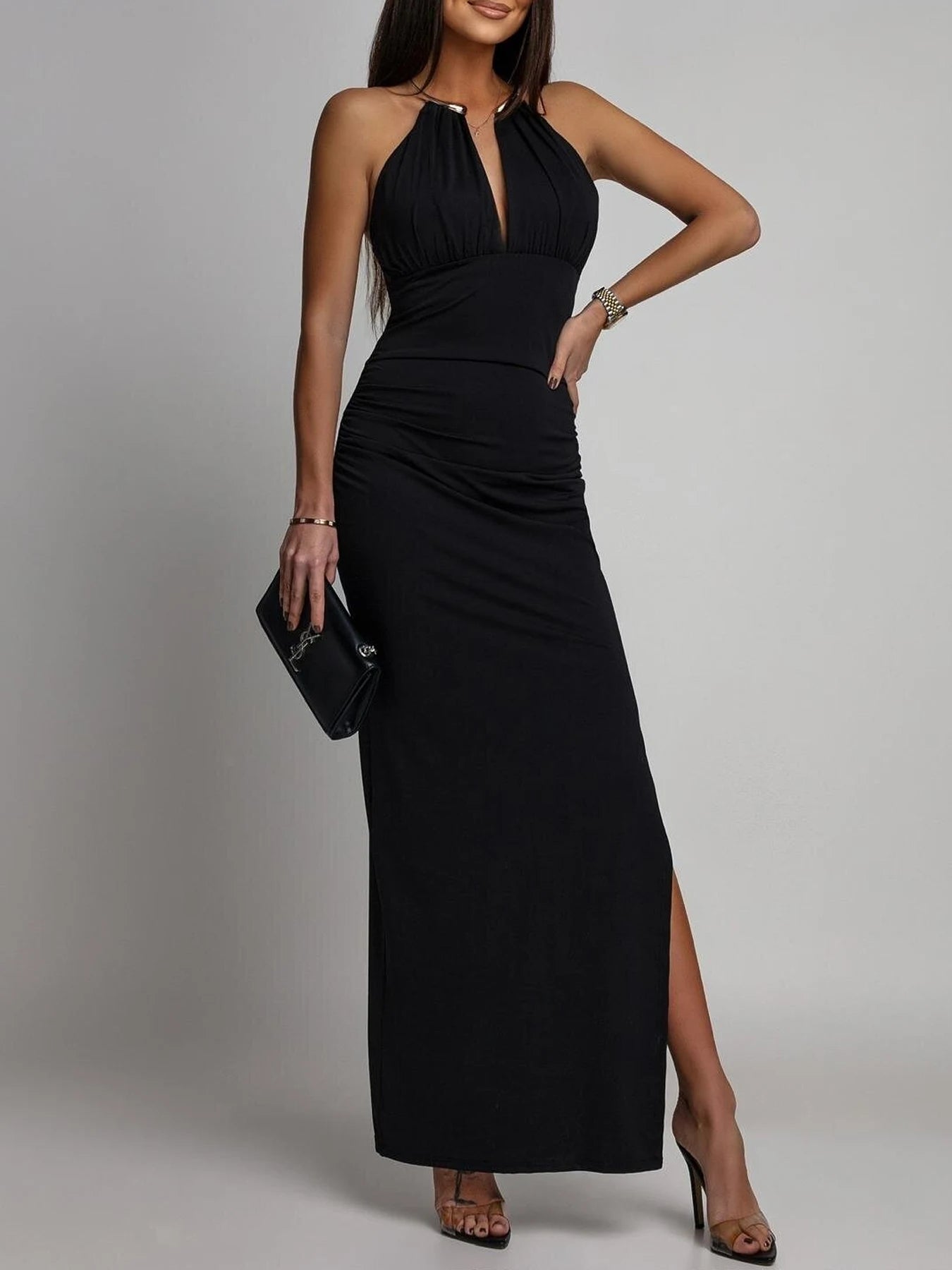 Women HalterNeck DeepV Black Ruched Slit Maxi Dress Elegant Sexy Party SpringSummer Glam WeddingGuest Cocktail Stretchy Dress