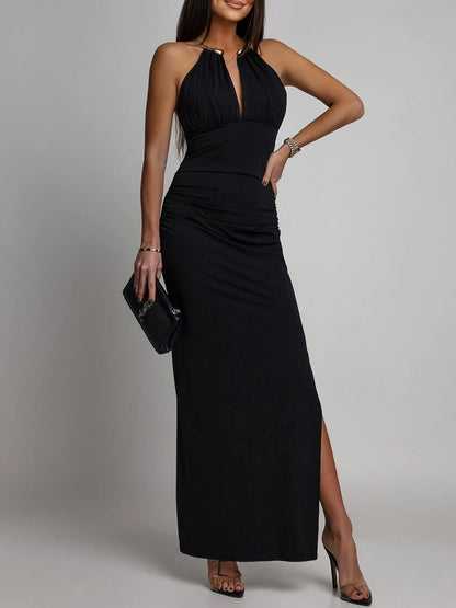 Women HalterNeck DeepV Black Ruched Slit Maxi Dress Elegant Sexy Party SpringSummer Glam WeddingGuest Cocktail Stretchy Dress
