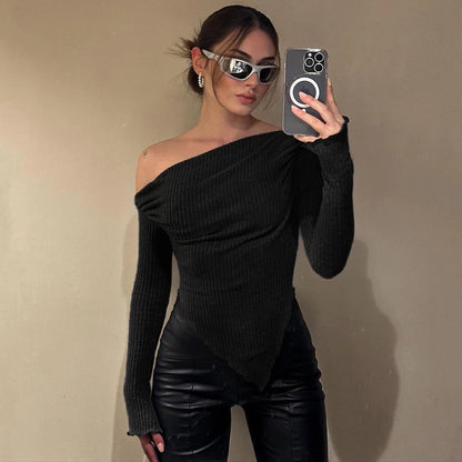 Women New Tees Spring Sexy Crop Top Off Shoulder Slim Solid T-shirts Long Sleeves Streetwear Pullover Asymmetrical Lady T-shirts