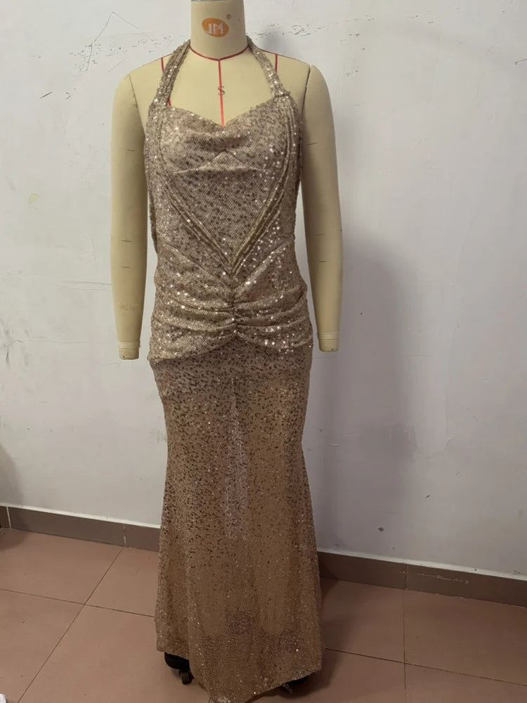 Bonnie Forest Sparkling Sequin Long Dress Chic Women Sleeveless Backless Mermaid Gown Elegant Celebrity Birthday Party Vestidos
