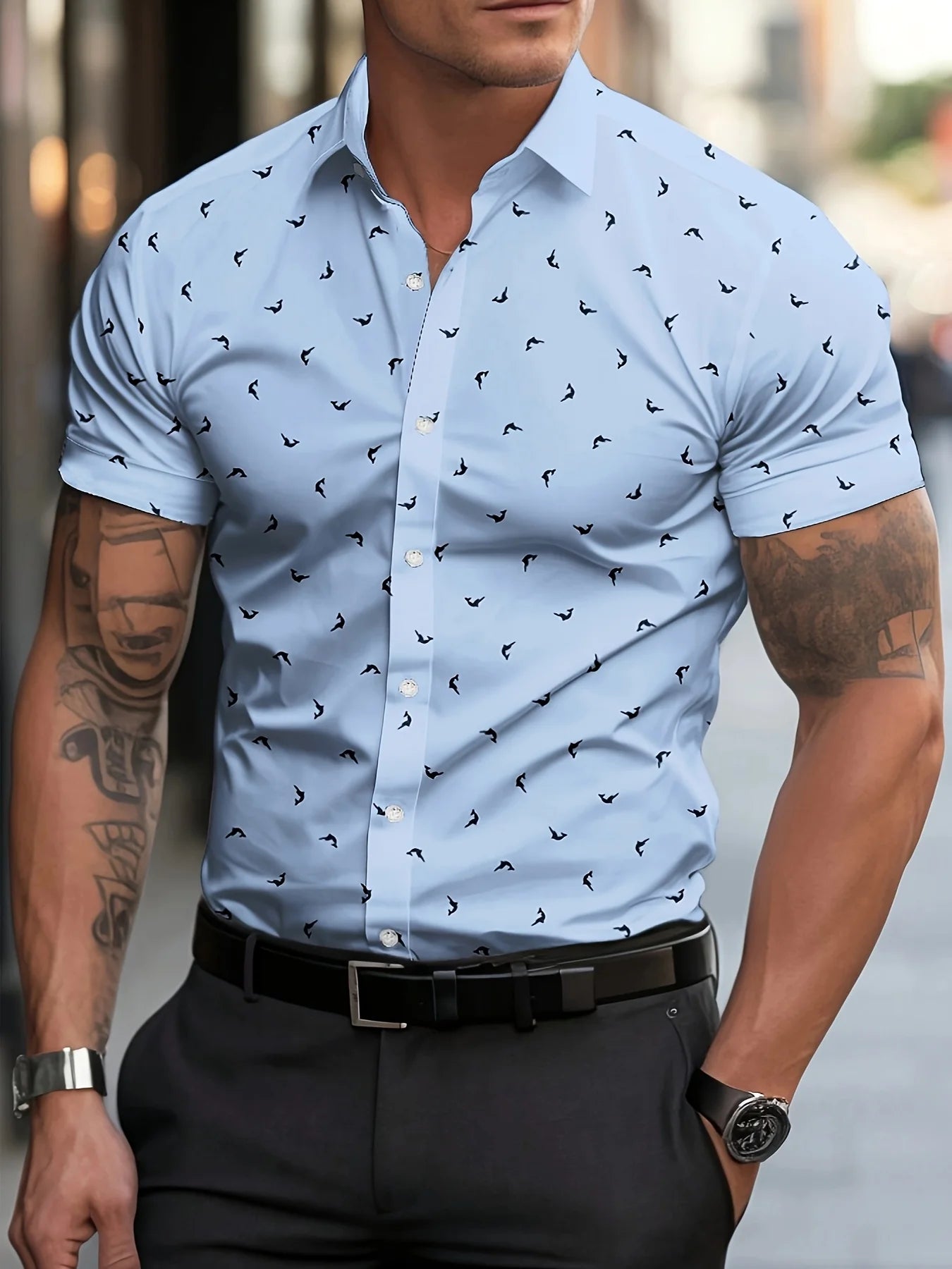 Men's Casual Short Sleeve Shirt - Summer Lightweight Breathable Fabric with Vibrant Blue Fish Print, Classic Pointed Collar