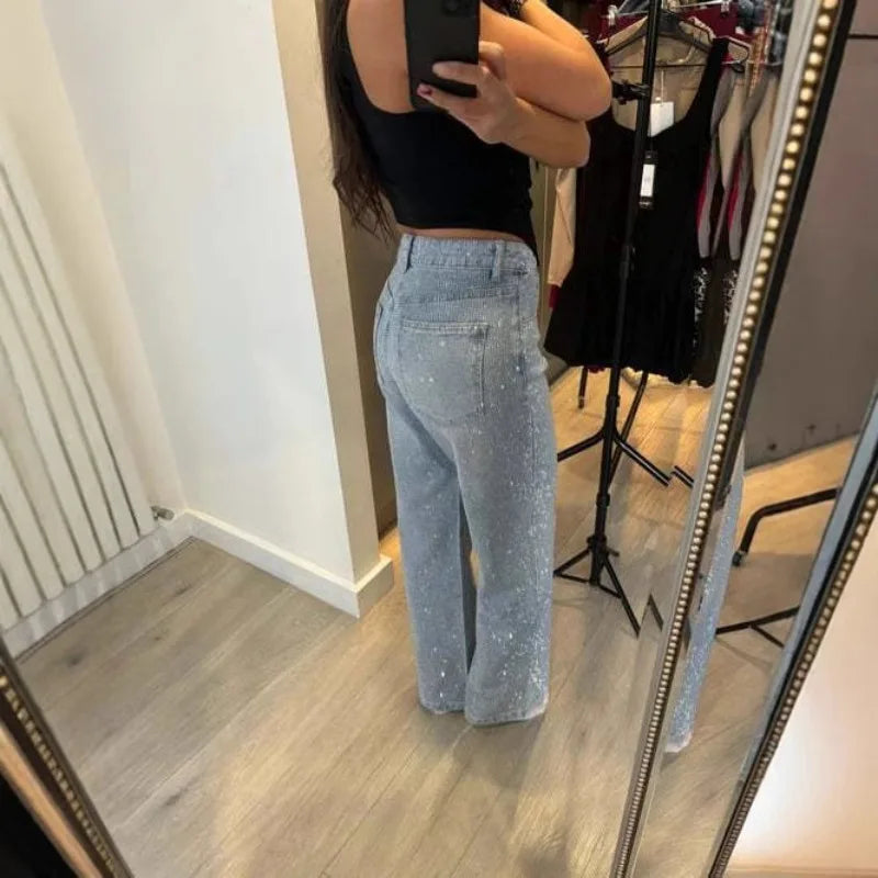 Japanese and Korean Casual Women's High Waisted Washed Denim Jeans, Loose and Slimming, Versatile and Rhinestone Hot Stamping