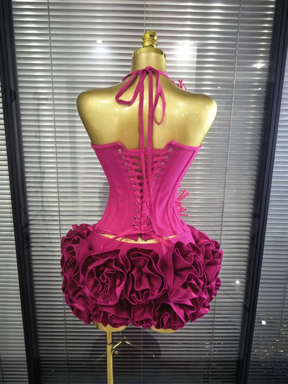 Red Black Women Sexy Halter Full Florals 2 Pieces Bodycon Mini Bandage Dress Celebrate Nightclub Party Birthday Outfit