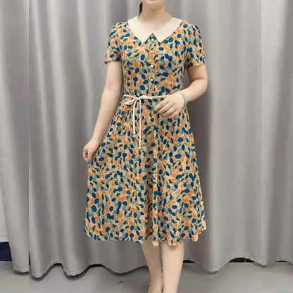 Women’s Vintage Floral Midi Dress – Peter Pan Collar Short Sleeve Button Dress