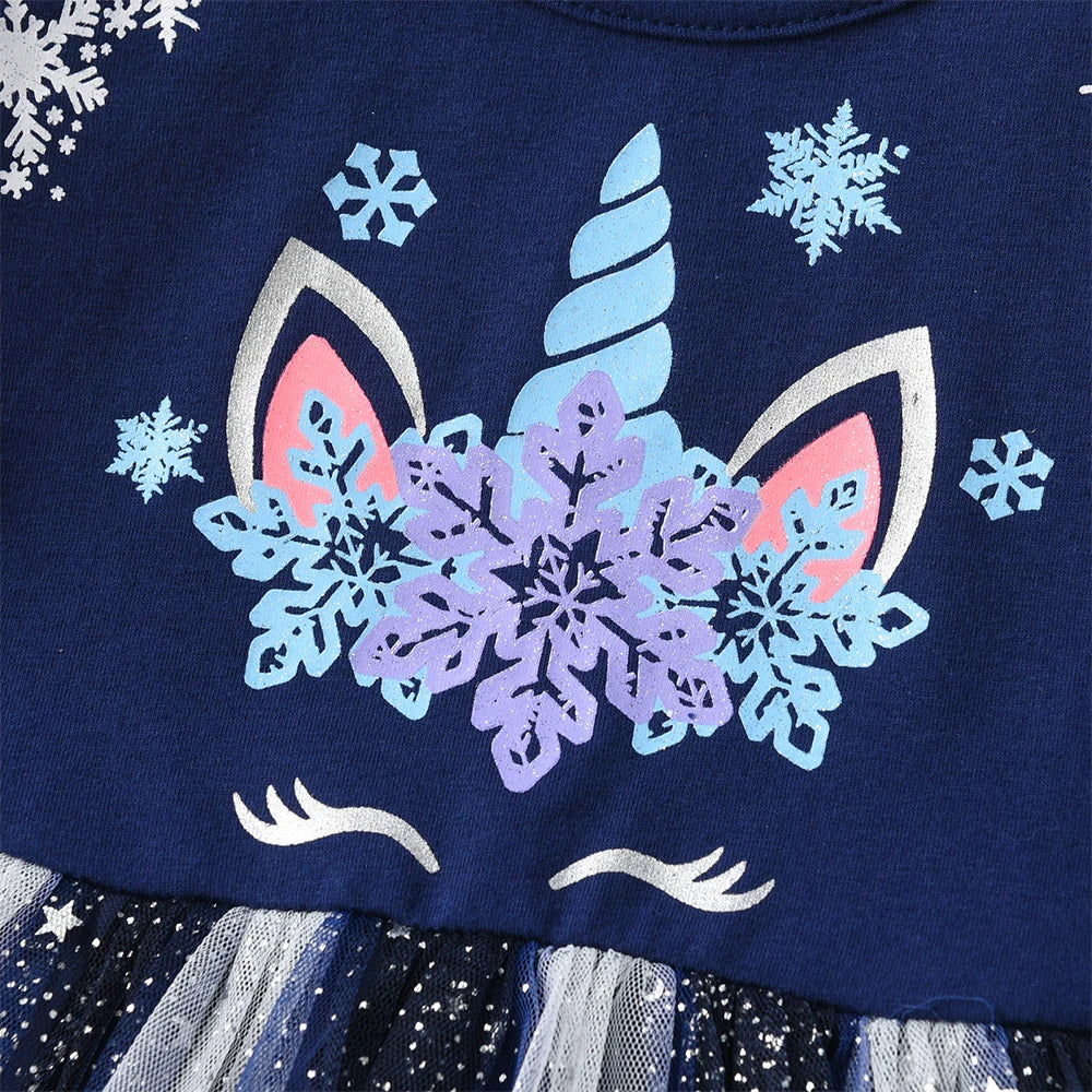 DXTON Christmas Girls Dress 2024 New Year Party Princess Tutu Dress Unicorn Toddler Cotton Dress Snowflake Print Winter Clothing