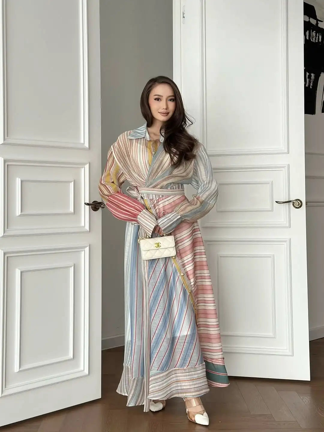 Women Multicolor Striped Maxi Dress Collared Waist Belt Wrap Long Sleeve Ruffle Hem Casual Summer Dress 2026 Trendy Lady Robe