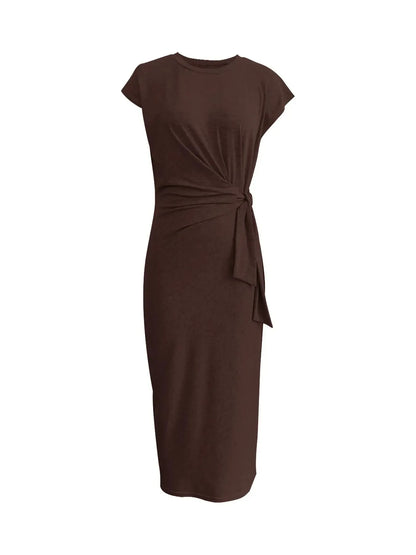 Summer New Long Dress Elegant Waist Strap Fashionable Striped Print Round Neck Short Sleeved High-end Women's Dress