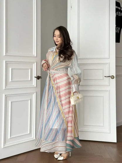 Women Multicolor Striped Maxi Dress Collared Waist Belt Wrap Long Sleeve Ruffle Hem Casual Summer Dress 2026 Trendy Lady Robe
