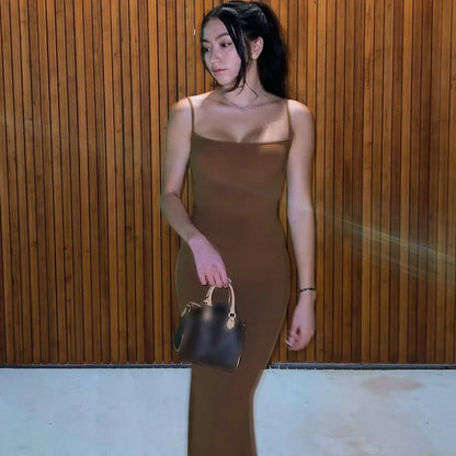 Y2K Sexy Maxi Dress for Women 2025 Autumn Backless Slim Party Dress Pullover Concise платье Female Long Bodycon Brown Vestidos