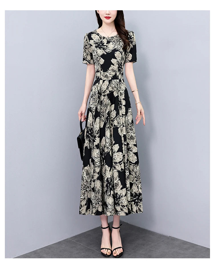 2024 Summer Floral Casual Long Sundress Women Elegant Bodycon Party Chic Prom Night Dresses Fashion Vintage Black Luxury Clothes