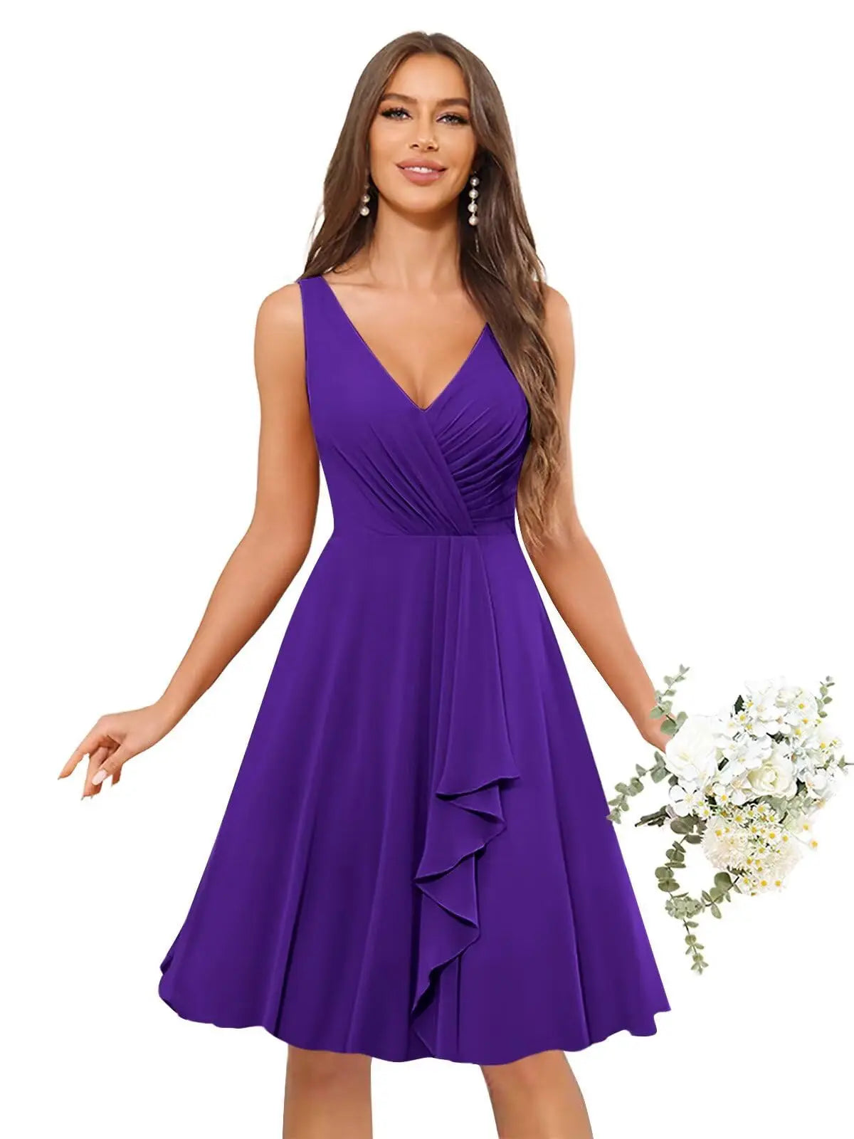 Short Bridesmaid Dresses for Women V-Neck Knee Length Pleated Ruffles Chiffon Evening Gown Evening Dresses Prom Party Dresses