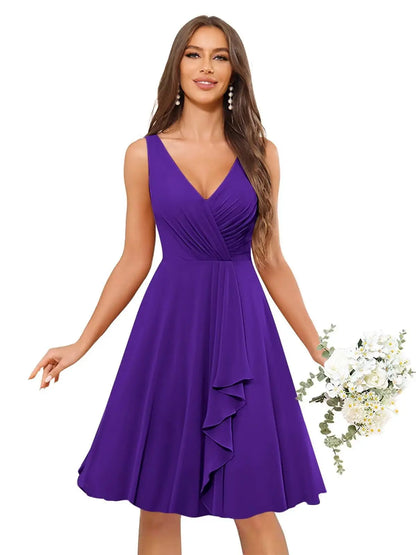 Short Bridesmaid Dresses for Women V-Neck Knee Length Pleated Ruffles Chiffon Evening Gown Evening Dresses Prom Party Dresses