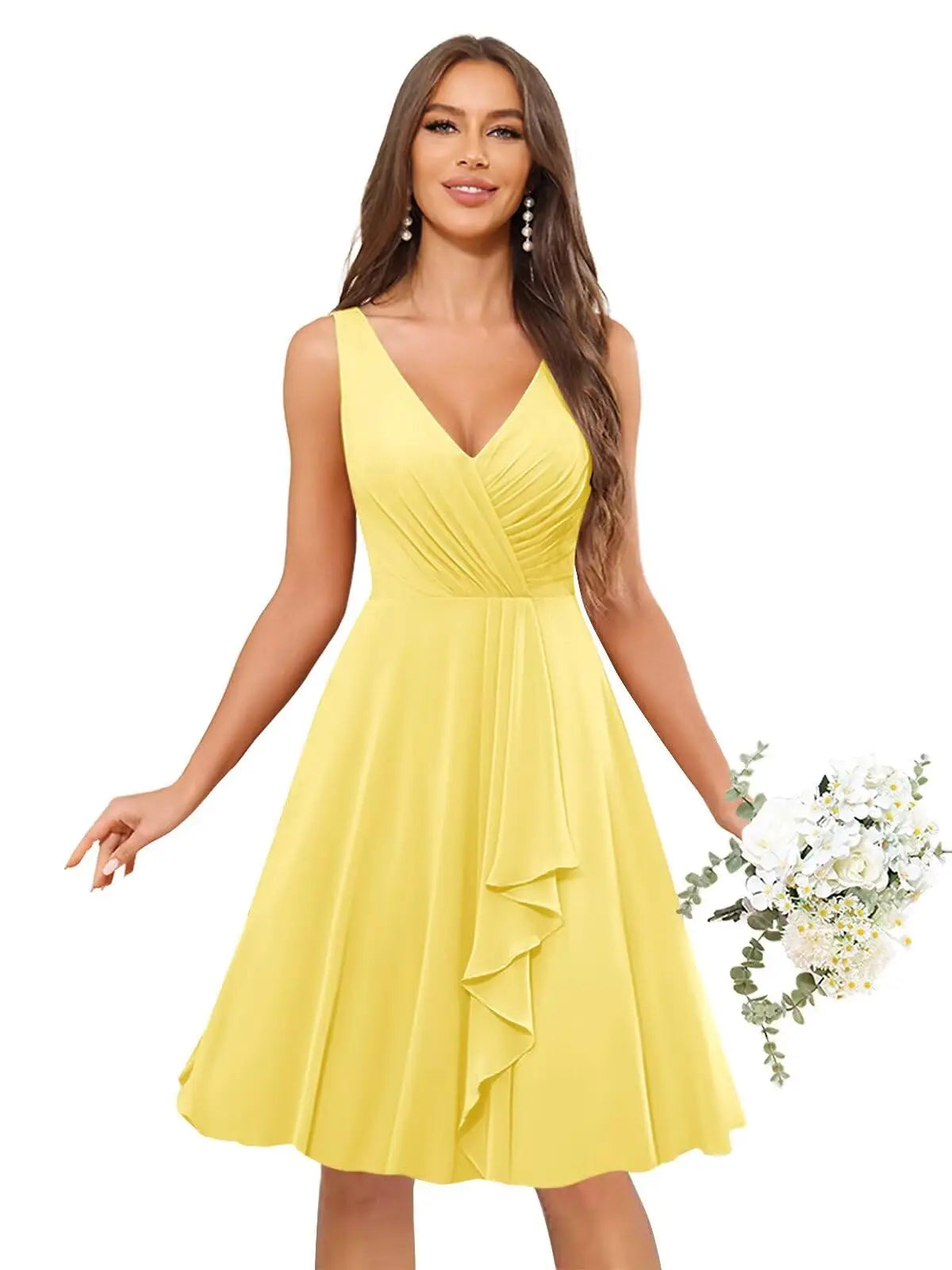 Short Bridesmaid Dresses for Women V-Neck Knee Length Pleated Ruffles Chiffon Evening Gown Evening Dresses Prom Party Dresses