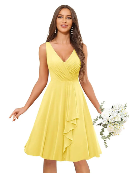 Short Bridesmaid Dresses for Women V-Neck Knee Length Pleated Ruffles Chiffon Evening Gown Evening Dresses Prom Party Dresses
