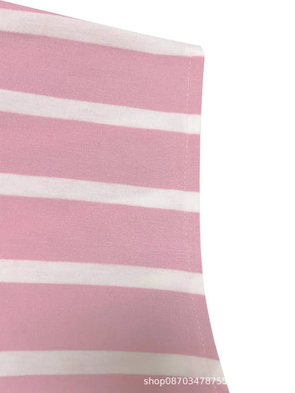 Summer New Long Dress Elegant Waist Strap Fashionable Striped Print Round Neck Short Sleeved High-end Women's Dress
