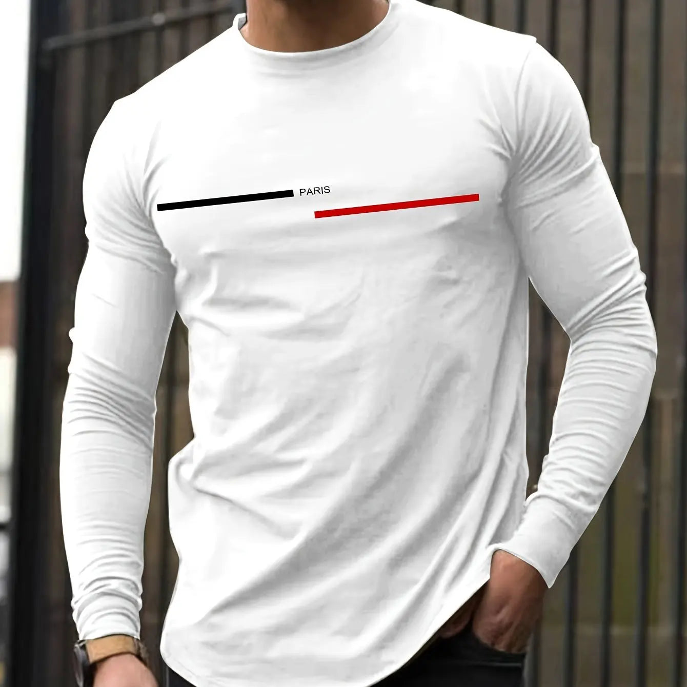 Men's 100% pure cotton summer loose comfortable casual  PARIS print large round neck long sleeve T-shirt top