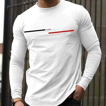 Men's 100% pure cotton summer loose comfortable casual  PARIS print large round neck long sleeve T-shirt top