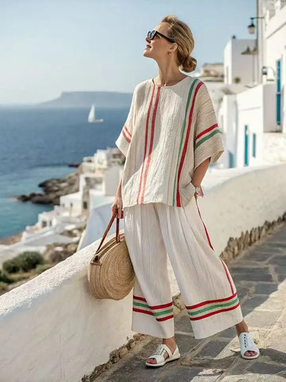 Retro Vacation Printed Striped 2Piece Set Half Sleeve Oversize Pullover Top+Long Pants Casual Women Patchwork Pocket Set Outfits