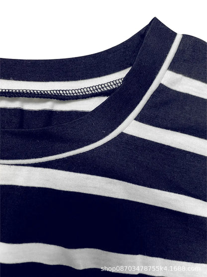 Summer New Long Dress Elegant Waist Strap Fashionable Striped Print Round Neck Short Sleeved High-end Women's Dress