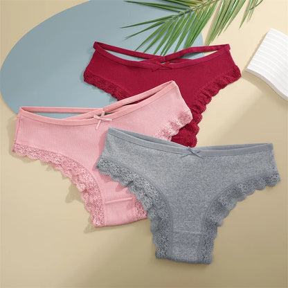 4PCS/Set Women Cotton Panties Sexy Lace Braizlian Panties Low Rise Hollow Out Underwear for Female Cute Bow Breathable Lingerie
