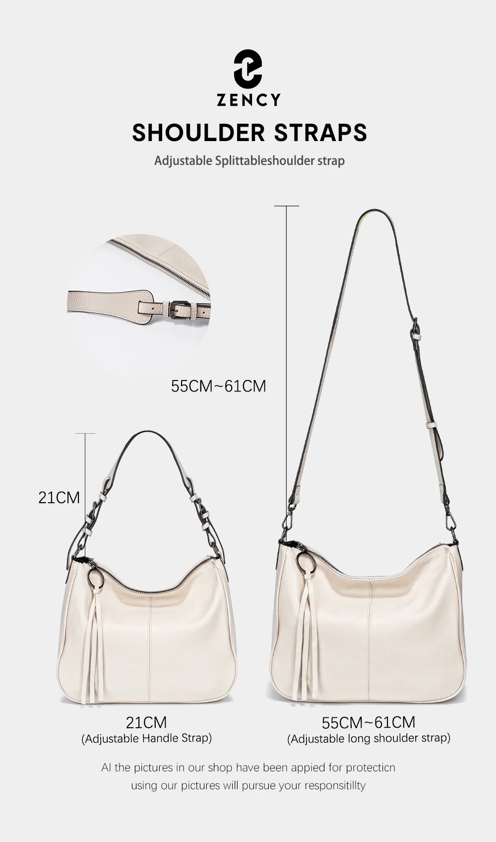 Zency Genuine Leather Hobo Bag Women Simple Classic Casual Handbag Shoulder Tote Soft Crossbody Large Pockets Tassel Bags