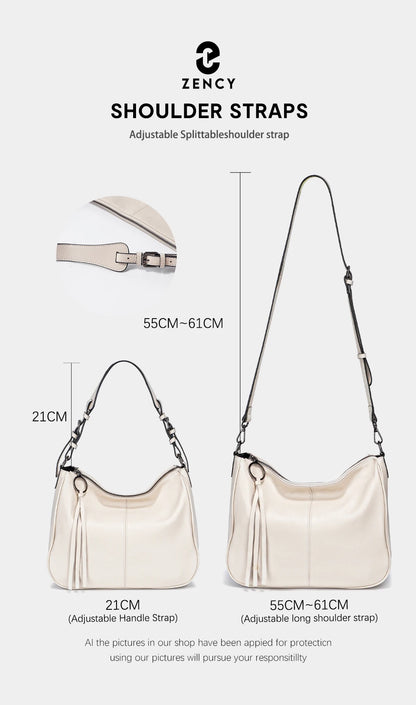 Zency Genuine Leather Hobo Bag Women Simple Classic Casual Handbag Shoulder Tote Soft Crossbody Large Pockets Tassel Bags