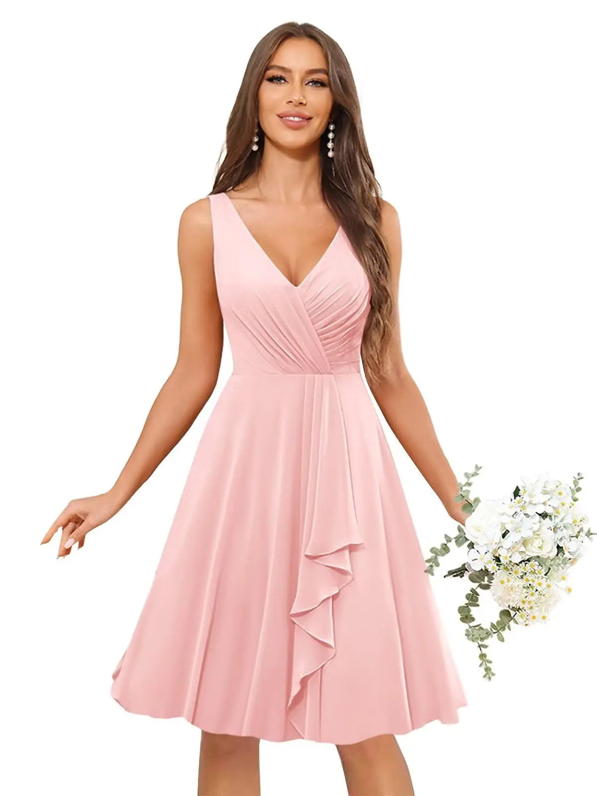 Short Bridesmaid Dresses for Women V-Neck Knee Length Pleated Ruffles Chiffon Evening Gown Evening Dresses Prom Party Dresses