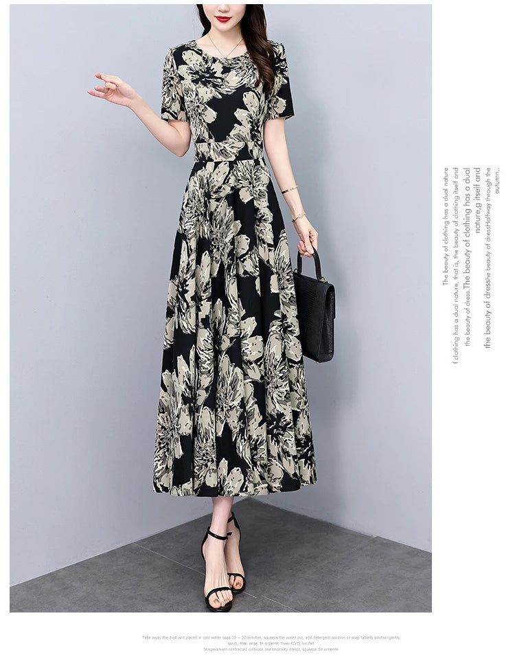 2024 Summer Floral Casual Long Sundress Women Elegant Bodycon Party Chic Prom Night Dresses Fashion Vintage Black Luxury Clothes