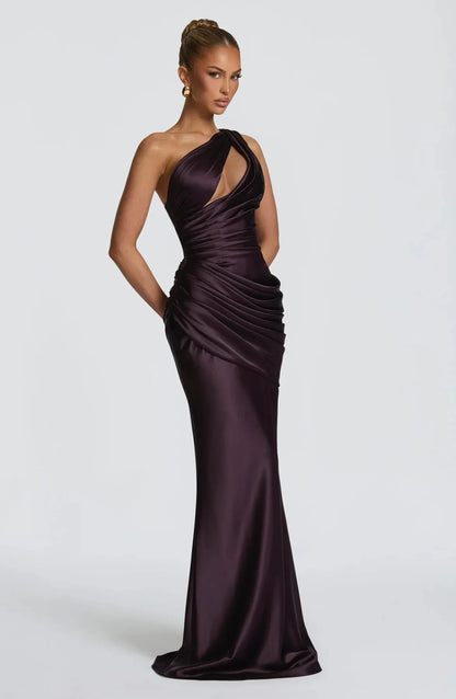 Women Green Ruched Elegant Satin Maxi Dress Mermaid One-shoulder Cutout Slim Fit Flowy Vestido 2026 Lady Summer Evening Vestidos
