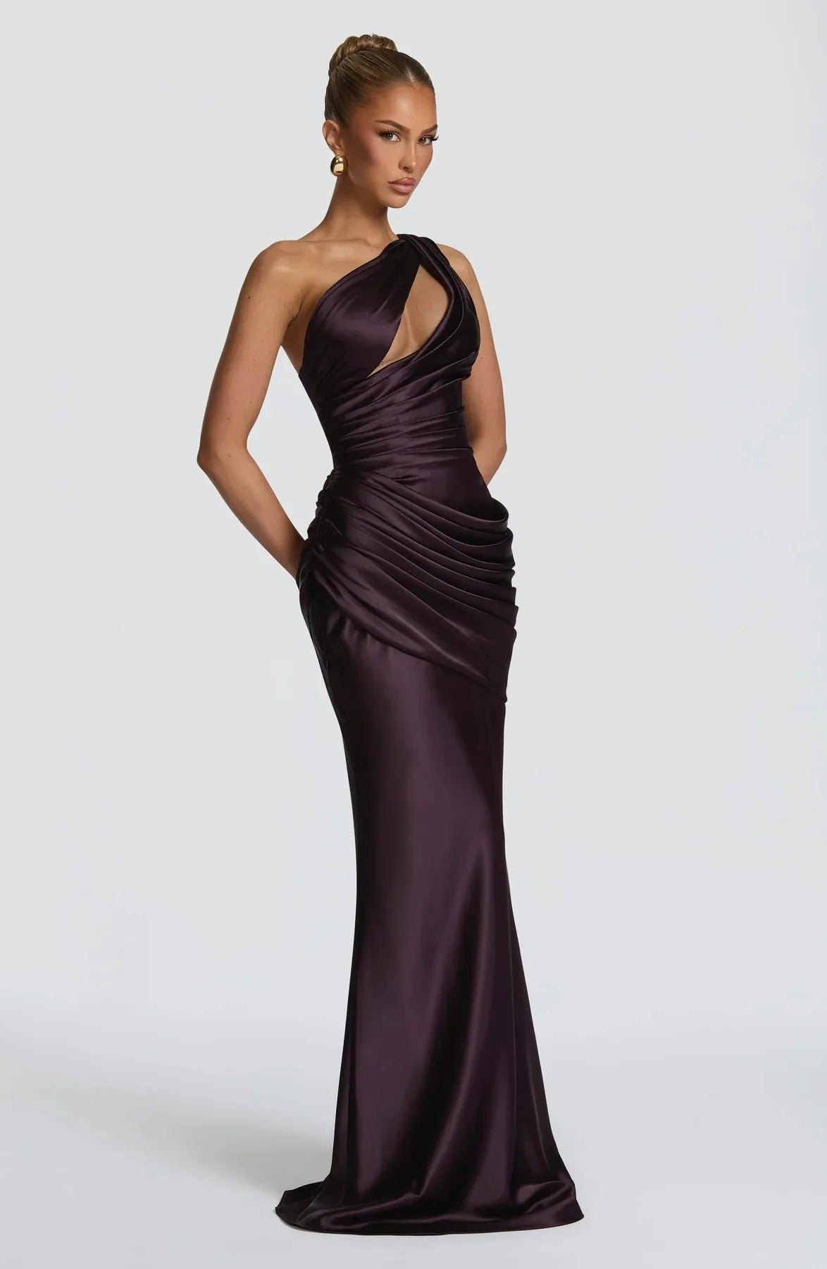 Women Green Ruched Elegant Satin Maxi Dress Mermaid One-shoulder Cutout Slim Fit Flowy Vestido 2026 Lady Summer Evening Vestidos