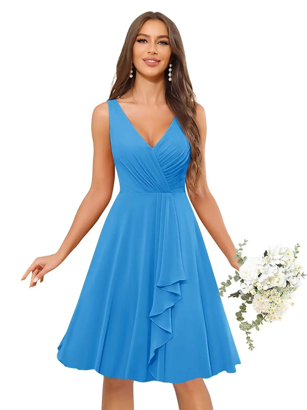 Short Bridesmaid Dresses for Women V-Neck Knee Length Pleated Ruffles Chiffon Evening Gown Evening Dresses Prom Party Dresses