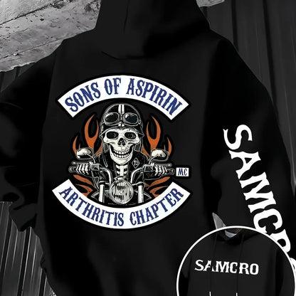 Men's Gothic Patterned Hooded Sweatshirt with Skull and Motorcycle Pattern on The Back Pullover Hoodie for Autumn and Winter