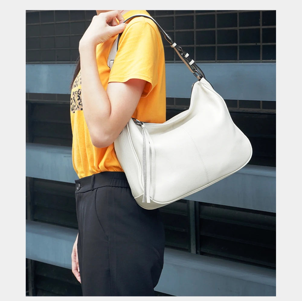 Zency Genuine Leather Hobo Bag Women Simple Classic Casual Handbag Shoulder Tote Soft Crossbody Large Pockets Tassel Bags