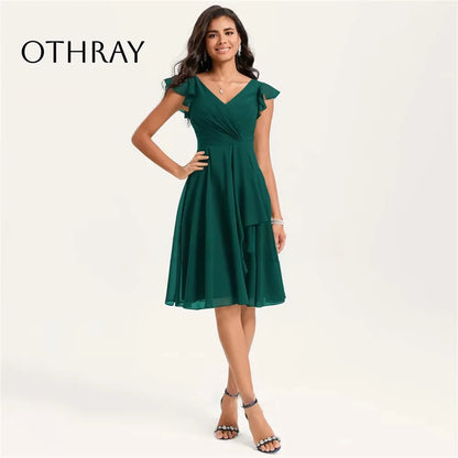 New A-line Bridesmaid Dress With Ruffle Prom Dresses V Neck Party Dresses Chiffon Knee-Length Vestidos De Fiesta فساتين السهرة