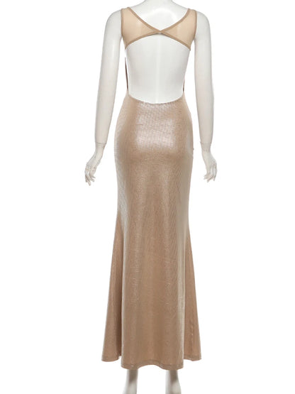 Weird Puss Christmas Backless Sequin Dress Women Sexy Sleeveless Low-Neck Stretch Skinny Elegant Fashion Party Club Maxi Bodycon