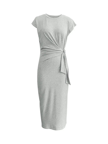 Summer New Long Dress Elegant Waist Strap Fashionable Striped Print Round Neck Short Sleeved High-end Women's Dress