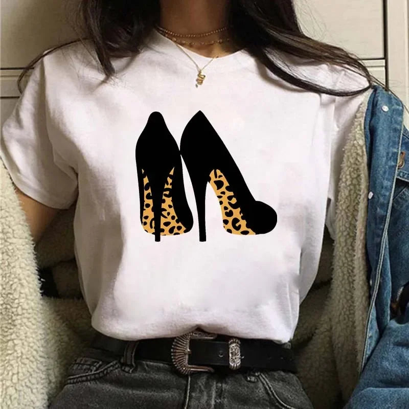 Leopard Print Simple Round Neck Lovely Woman Harajuku Graphic T Shirts Tops Summer Fashion Harajuku Sleeve Aesthetic Clothes