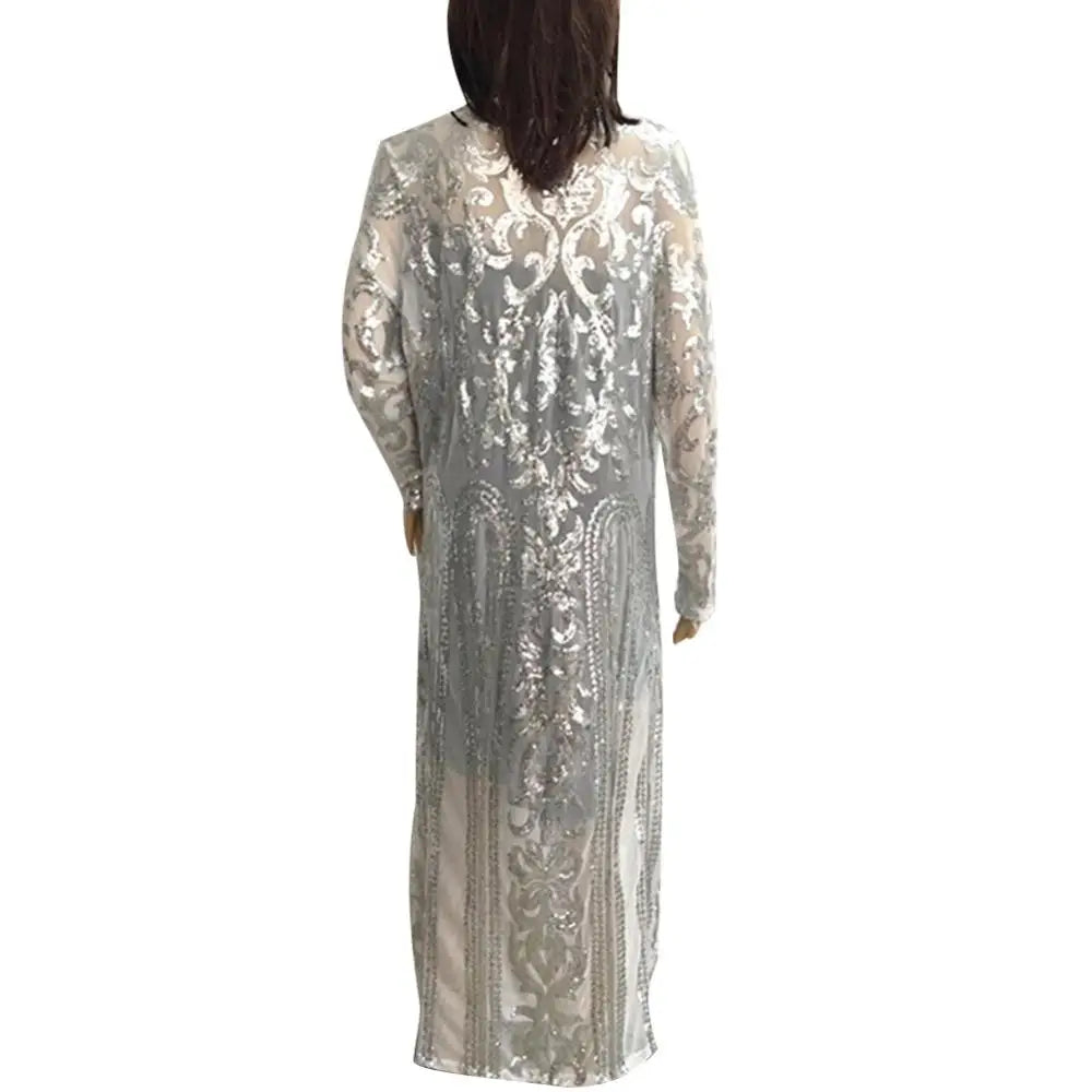 Women's Long Coat Sexy Sequin Perspective Long Sleeve Maxi Coat Gown Cardigan Vintage Evening Party Open Blouse кардиган женский