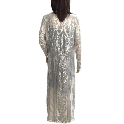 Women's Long Coat Sexy Sequin Perspective Long Sleeve Maxi Coat Gown Cardigan Vintage Evening Party Open Blouse кардиган женский