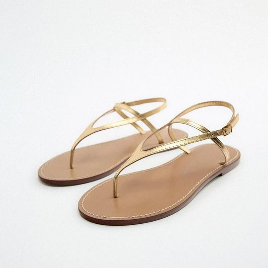 narrow band gold leather flat sandals women 35-43 big size summer jandal sandalias mujer T-strap flat Roman sandales femmes été
