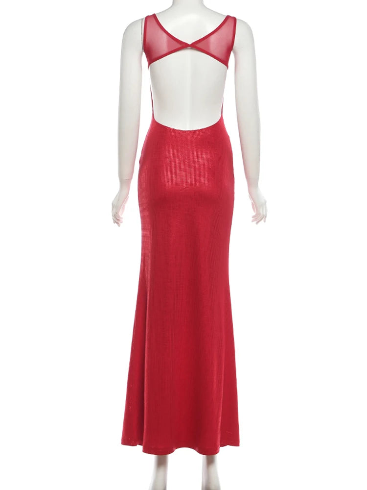 Weird Puss Christmas Backless Sequin Dress Women Sexy Sleeveless Low-Neck Stretch Skinny Elegant Fashion Party Club Maxi Bodycon