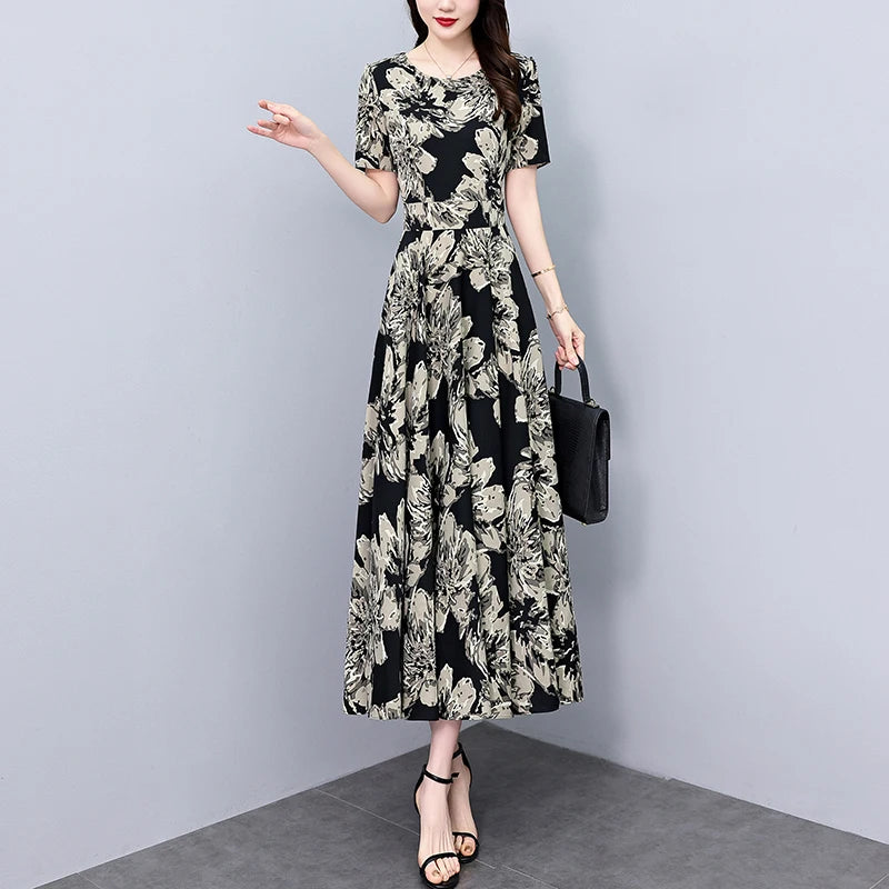 2024 Summer Floral Casual Long Sundress Women Elegant Bodycon Party Chic Prom Night Dresses Fashion Vintage Black Luxury Clothes