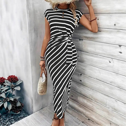 Women's Casual round Neck T-shirt with Waist Strap Short Sleeve Long Bodycon Dress Elastic Waist Other Fabric Other Composition