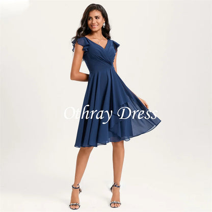 New A-line Bridesmaid Dress With Ruffle Prom Dresses V Neck Party Dresses Chiffon Knee-Length Vestidos De Fiesta فساتين السهرة