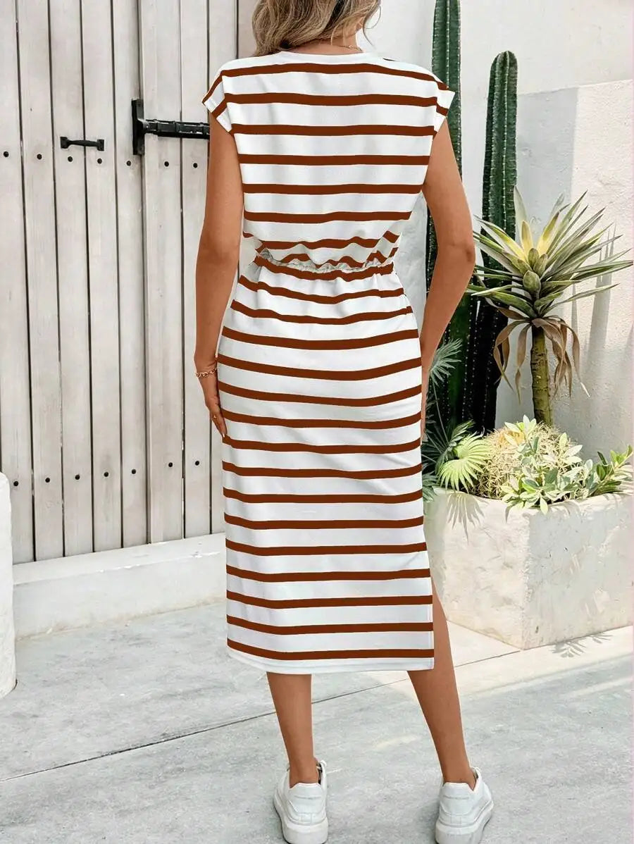 Fashion Ladies Black and White Striped Split Crew Neck Casual Dress White Dress Women Dress Summer Dress