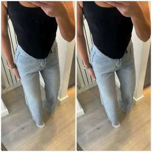 Japanese and Korean Casual Women's High Waisted Washed Denim Jeans, Loose and Slimming, Versatile and Rhinestone Hot Stamping