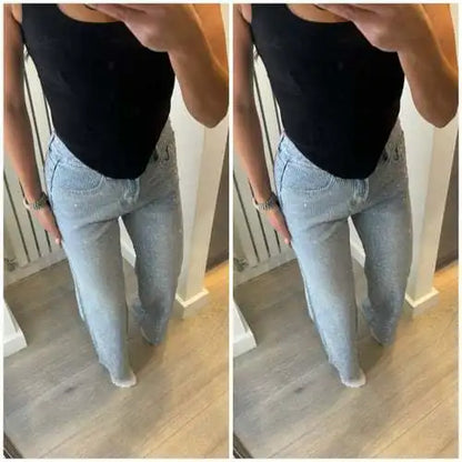 Japanese and Korean Casual Women's High Waisted Washed Denim Jeans, Loose and Slimming, Versatile and Rhinestone Hot Stamping