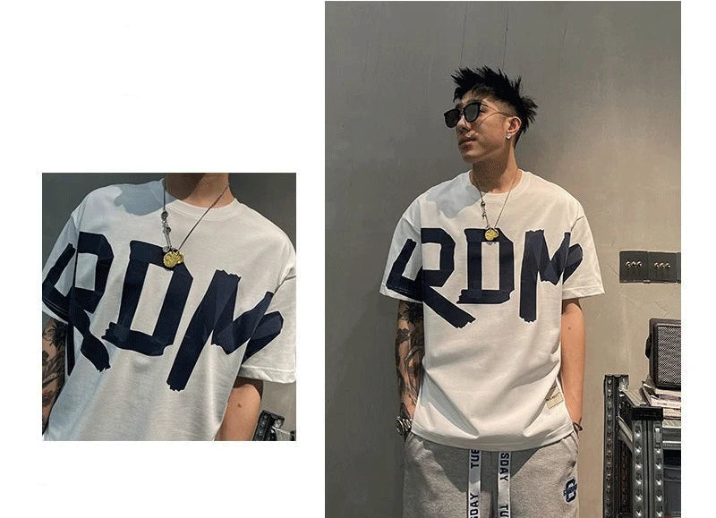 2023 Summer Casual All-match Trend Korean Fashion Short Sleeve Round Neck Solid Color Letter Printed Loose Fashion Youth T-shirt