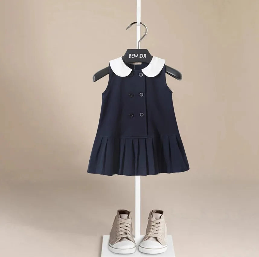 Girls Dress Summer Party Sleeveless  Plaid Dress Cotton Kids Dresses College Style Pleated Skirt Navy Blue New Year Costumes